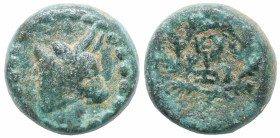 Greek
MYSIA. Kyzikos. (2nd-1st centuries BC).
AE Bronze (9.6mm 2.1g)
Obv: Head of bull right.
Rev: Monogram between KY / ZI; all within wreath.
N...