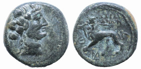 Greek
LYDIA. Sardes. (2nd to 1st centuries BC).
AE Bronze (15.1mm 5.08g)
Obv: Head of Dionysos to right, wearing wreath of ivy and fruit.
Rev: ΣAP...