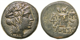 Greek
PONTOS. Amisos. Time of Mithradates VI (circa 85-65 BC)
AE Bronze (18mm 8.18g)
Obv: Wreathed head of Dionysos to right
Rev: Thyrsos leaning ...
