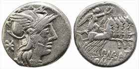 Roman Republican
P. Maenius Antiaticus M. f. (132 BC).
AR Denarius (16.2mm 3.85g)
Obv: Helmeted head of Roma to right; mark of value behind
Rev: V...
