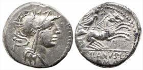 Roman Republican
D. Silanus L.f. (Circa 91 BC). Rome
AR denarius (15.8mm 3.8).
Obv: Head of Roma right, wearing winged helmet decorated with griffi...
