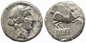 Roman Republican
Q. Titius (90 BC). Rome.
AR Denarius (14mm 3.62g)
Obv: Head of Liber or young Bacchus right, wearing ivy wreath.
Rev: Pegasus spr...