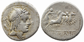 Roman Republican
L. Julius Bursio (85 BC). Rome.
AR Denarius (17.3mm 3.57g)
Obv: Laureate, winged, and draped bust of Apollo Vejovis to right, with...
