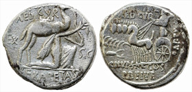 Roman Republican
M. Aemilius Scaurus and P. Plautius Hypsaeus (58 BC). Rome.
AR Denarius (15.8mm 3.53g)
Obv: M SCAVR / AED CVR / EX S C / REX ARETA...