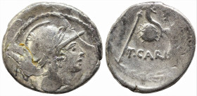 Roman Republician
T. Carisius (46 BC). Rome
AR Denarius (16.8mm 3.28g)
Obv: Head of Roma to right, wearing ornate crested helmet; ROMA downwards be...