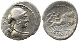 Roman Republican
T. Carisius (46 AD)
AR Denarius 818mm 3.45g)
Obv: Draped bust of Victory right; behind, S·C.
Rev: Victory in prancing quadriga ri...