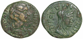 Roman Provincial
BITHYNIA. Prusa ad Olympum. Julia Domna, Augusta (193-217 AD).
AE Bronze (21.8mm 7.15g)
Obv: Draped bust right
Rev: Veiled and tu...