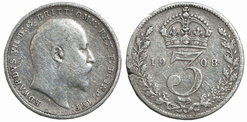 World
GREAT BRITAIN. Edward VII (1901-1910 AD).
3 Pence 1908 (14mm 1.36g)
Km-...