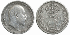 World
GREAT BRITAIN. Edward VII (1901-1910 AD).
3 Pence 1908 (14mm 1.36g)
Km-797.2