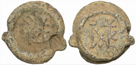 Byzantine lead seal. (6th-7th centuries)
Justın I
Obv: Block monogram.
Rev: Block monogram.
(19.60g, 24mm diameter)