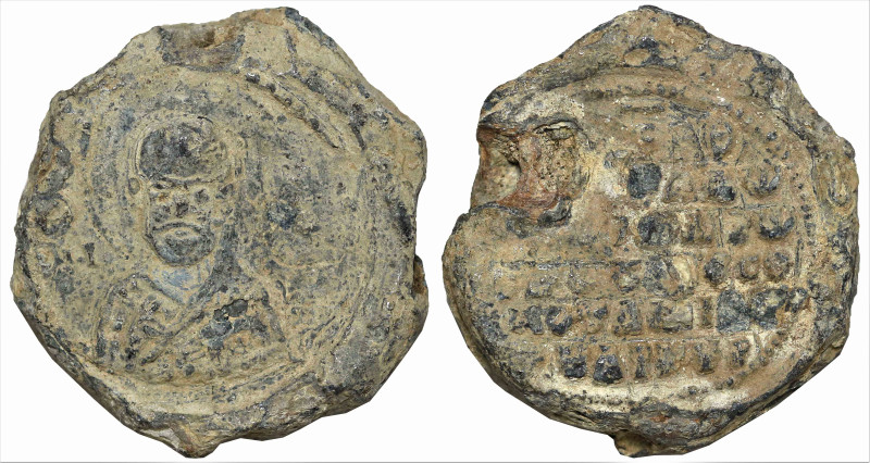 Byzantine Lead Seal ( 8th century)
Obv: Facing bust of uncertain saint.
Rev: 6...