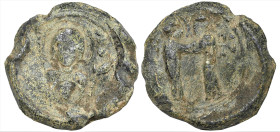 Byzantine Lead Seal (11th Century)
Obv: Bust of the Virgin with medallion of Christ on her breas
Rev: Two nimbate saints standing front, their hands...