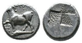 (Silver, 3.69g 14mm)

THRACE, Byzantion AR Drachm, c. 387/6-340 BC

Obv: ΠΥ, Bull standing on dolphin left, trident head below raised foreleg.

...