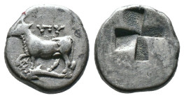(Silver, 3.74g 15mm)

THRACE, Byzantion AR Drachm, c. 387/6-340 BC

Obv: ΠΥ, Bull standing on dolphin left, trident head below raised foreleg.

...