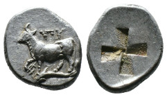 (Silver, 3.83g )

THRACE, Byzantion AR Drachm, c. 387/6-340 BC

Obv: ΠΥ, Bull standing on dolphin left, trident head below raised foreleg.

Rev:...