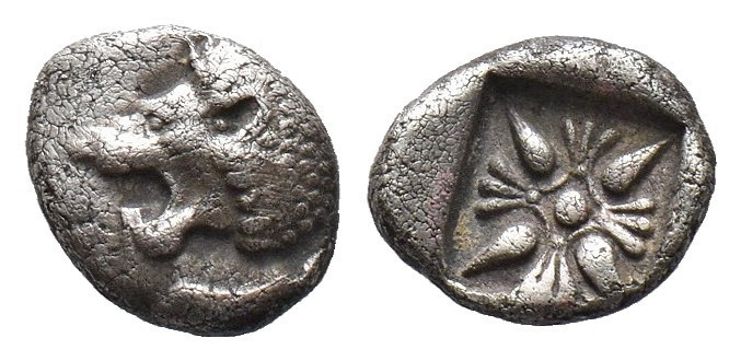 (Silver, 0.90g 8mm)

Miletos, Ionia. AR Obol c. 525-475 BC.

Forepart of lio...