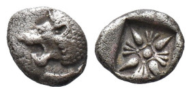 (Silver, 0.90g 8mm)

Miletos, Ionia. AR Obol c. 525-475 BC.

Forepart of lion left.