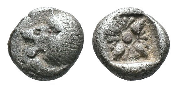 (Silver, 1.00g 8mm)

Miletos, Ionia. AR Obol c. 525-475 BC.
Forepart of lion ...