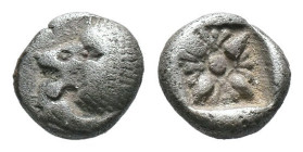 (Silver, 1.00g 8mm)

Miletos, Ionia. AR Obol c. 525-475 BC.
Forepart of lion left.