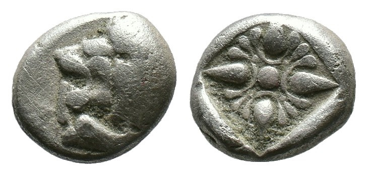 (Silver, 1.16g 9mm)

Miletos, Ionia. AR Obol c. 525-475 BC.
Forepart of lion ...