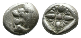 (Silver, 1.16g 9mm)

Miletos, Ionia. AR Obol c. 525-475 BC.
Forepart of lion left.