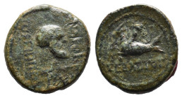 (Bronze, 2.49g 15mm)

CARIA. Trapezopolis. Augustus (27 BC-14 AD). Ae. Andronikos Gorgippou, magistrate.

Obv: ANΔPONIKOΣ / ΓOPΓIΠΠOY.
Bearded he...