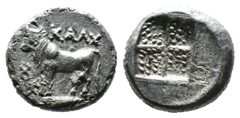 (Silver, 3.43g 15mm)

Kalchedon, Bithynia. AR Drachm 386-340 BC.

Bull stand...