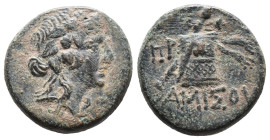 (Bronze, 7.51g 21mm)

Pontos, Amisos.

Time of Mithradates VI Eupator circa 120-63 BC, AE

Head of Dionysos right, wearing ivy wreath

Rev: AM...
