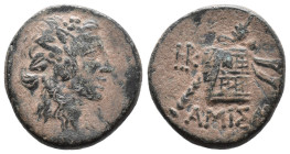 (Bronze, 7.56g 21mm)

Pontos, Amisos.

Time of Mithradates VI Eupator circa 120-63 BC, AE

Head of Dionysos right, wearing ivy wreath

Rev: AM...