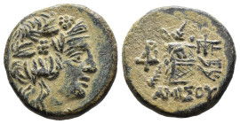 (Bronze, 6.44g 20mm)

Pontos, Amisos.

Time of Mithradates VI Eupator circa 120-63 BC, AE

Head of Dionysos right, wearing ivy wreath

Rev: AM...