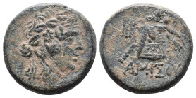 (Bronze, 8.48g 22mm)

Pontos, Amisos.

Time of Mithradates VI Eupator circa 120-63 BC, AE

Head of Dionysos right, wearing ivy wreath

Rev: AM...