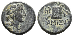 (Bronze, 8.58g 21mm)

Pontos, Amisos.

Time of Mithradates VI Eupator circa 120-63 BC, AE
Head of Dionysos right, wearing ivy wreath

Rev: AMIΣ...
