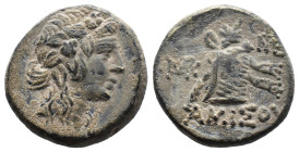 (Bronze, 8.23g 20mm)

Pontos, Amisos.

Time of Mithradates VI Eupator circa 120-63 BC, AE

Head of Dionysos right, wearing ivy wreath

Rev: AM...