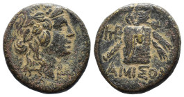 (Bronze, 7.37g 21mm)

Pontos, Amisos.

Time of Mithradates VI Eupator circa 120-63 BC, AE

Head of Dionysos right, wearing ivy wreath

Rev: AM...