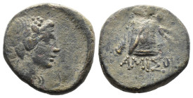(Bronze, 8.69g 20mm)

Pontos, Amisos.

Time of Mithradates VI Eupator circa 120-63 BC, AE

Head of Dionysos right, wearing ivy wreath

Rev: AM...