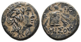 (Bronze, 7.90g 19mm)

Pontos, Amisos.

Time of Mithradates VI Eupator circa 120-63 BC, AE

Head of Dionysos right, wearing ivy wreath

Rev: AM...