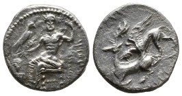 (Silver 5.26g 19mm)

KINGS of CAPPADOCIA.

Ariarathes I. 333-322 BC.

AR Drachm .

Gaziura mint. Baal of Gaziura seated left, torso facing, ho...
