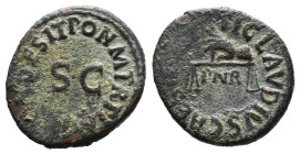 (Bronze, 2.61g 18mm)

Claudius AD 34-55. Rome Quadrans Æ

CAESAR AVG TI CLAVDIVS Hand holding scales, below, PNR / PON M TR P IMP COS DES IT aroun...