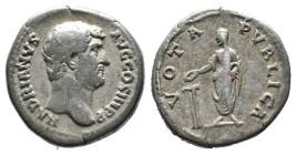 (Silver, 3.00g 17mm)

Hadrian (AD 117-138) AR denarius.

Rome, ca. AD 134-138.

HADRIANVS AVG COS III PP, laureate head right / VOTA PVBLICA, Ha...