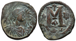 (Bronze, 16.66g 32mm)

BYZANTINE EMPIRE. Justin I, 518-527 AD. AE Follis