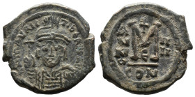 (Bronze, 12.45g 27mm)

Byzantine Maurice Tiberius (582-602 AD) Constantinople AE Follis