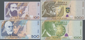 Albania: Banka e Shqiperise, lot with 6 banknotes, 1996 and 2001 series, with 100, 200, 500 and 1.000 Leke 1996 in UNC and 1.000 and 5.000 Leke 2001 i...