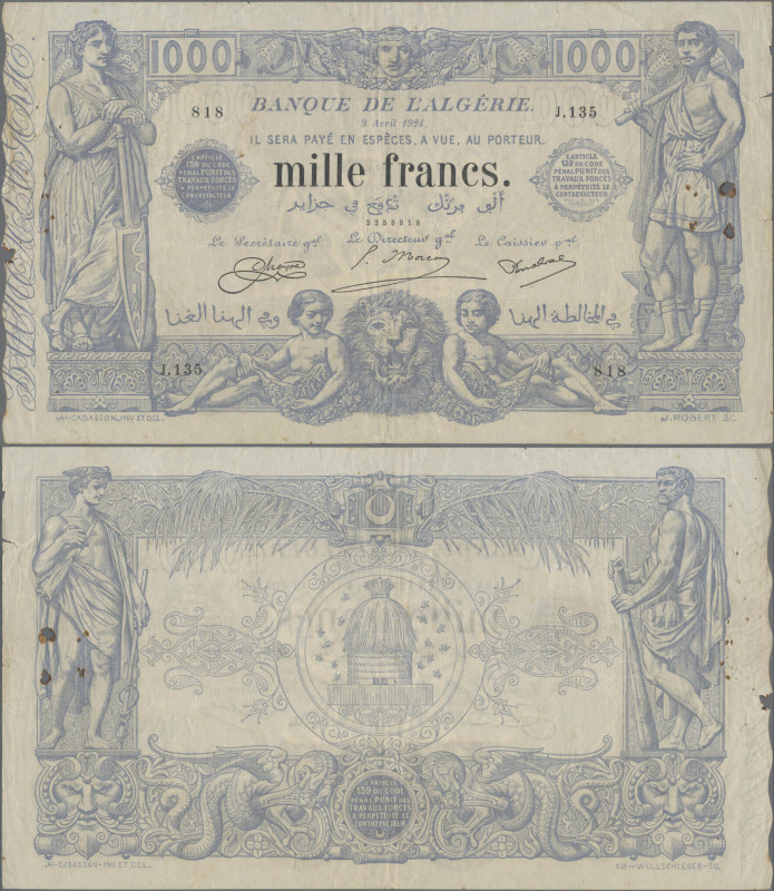 Algeria: Banque de l'Algérie, 1000 Francs 09.04.1924 with signatures Moyse, More...