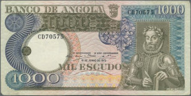 Angola: bundle of 100 non-consecutive banknotes 1000 Escudos 1973 P. 108, all notes used with light center bend and handling in paper, no rags in side...