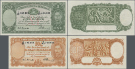 Australia: Commonwealth Bank of Australia, pair with 10 Shillings ND(1939-52) with signatures: Coombs & Watt (P.25c, pressed VF) and 1 Pound ND(1939-5...