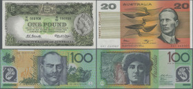 Australia: Reserve Bank of Australia, set with 3 banknotes, 1961-1996 series, comprising 1 Pound ND(1961-65) (P.34, UNC), 20 Dollars ND(1974-94) with ...