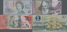 Australia: Reserve Bank of Australia, set with 7 polymer banknotes, 1988-2012 series, with 10 Dollars ND(1980's) (P.49b, XF), 5 Dollars ND(1992) (P.50...