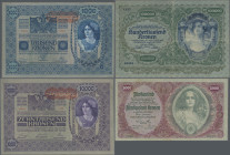 Austria: Oesterreichisch-Ungarische Bank, lot with 7 banknotes, 1919-1922 series, with 1.000 Kronen ND(1919) (P.60, VF), 1.000 Kronen ND(1919) II. Auf...