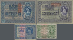 Austria: Lot with 8 notes, including 100.000 Kronen 1922 P. 81, center fold, corner bend, small tears at the bottom, crispness in paper and original c...