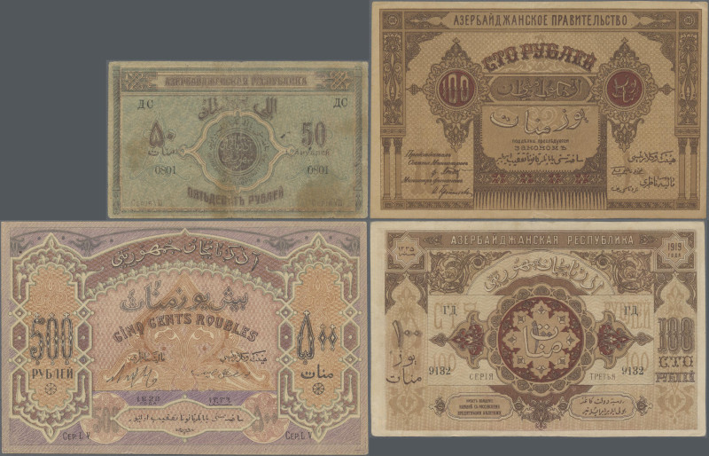 Azerbaijan: Republic of Azerbaijan and Azerbaijan Government, lot with 4 banknot...